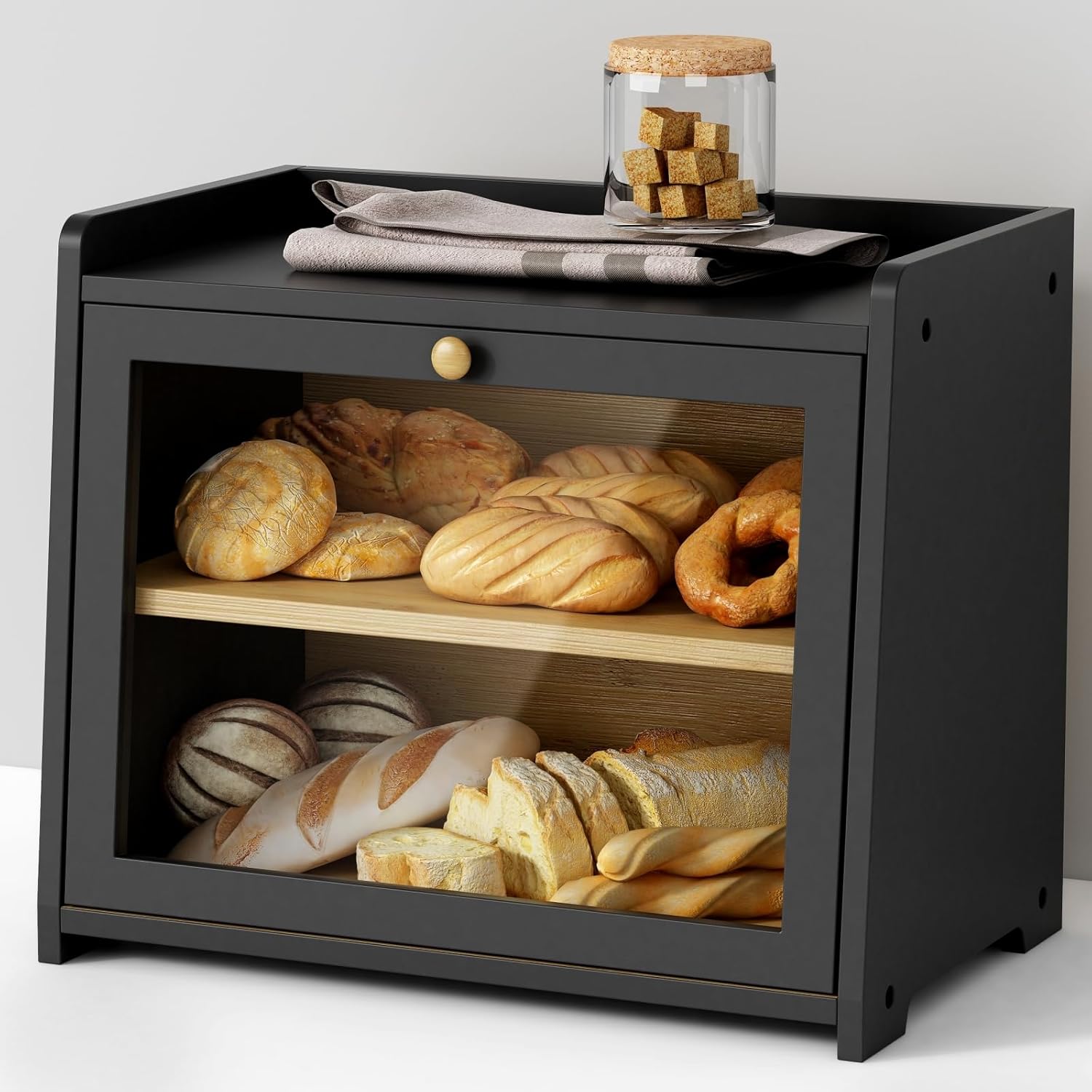 Black Bread Box for Kitchen Countertop, Large Bread Storage Container for Homemade Bread, Wood Farmhouse Breadbox Organizer for Kitchen Counter Corner, Cabinet, Pantry, Cupboard (Black)